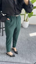 Betty Beli Lastikli Crep Pantolon -Yeşil - Görsel 6