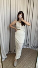 Krem Askılı Etekli Triko Takım - Görsel 5