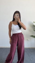 Bol Paça Modal Tensel Pantolon - Bordo - Görsel 7