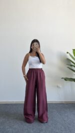 Bol Paça Modal Tensel Pantolon - Bordo - Görsel 5