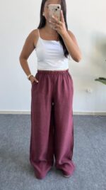 Bol Paça Modal Tensel Pantolon - Bordo - Görsel 6