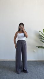 Bol Paça Modal Tensel Pantolon - Gri - Görsel 5