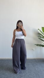 Bol Paça Modal Tensel Pantolon - Gri - Görsel 3