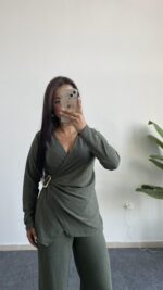 Bonita Kruvaze Yaka Aksesuarlı Takım - Haki - Görsel 2