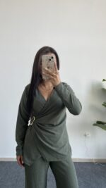 Bonita Kruvaze Yaka Aksesuarlı Takım - Haki - Görsel 5