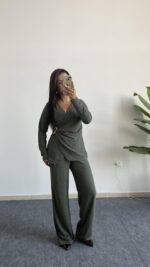 Bonita Kruvaze Yaka Aksesuarlı Takım - Haki - Görsel 7