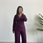 Bonita Kruvaze Yaka Aksesuarlı Takım - Mürdüm