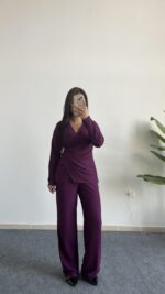 Bonita Kruvaze Yaka Aksesuarlı Takım - Mürdüm