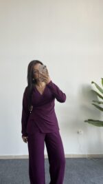 Bonita Kruvaze Yaka Aksesuarlı Takım - Mürdüm - Görsel 2