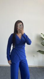 Bonita Kruvaze Yaka Aksesuarlı Takım - Saks Mavi - Görsel 3