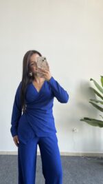 Bonita Kruvaze Yaka Aksesuarlı Takım - Saks Mavi - Görsel 2