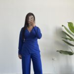 Bonita Kruvaze Yaka Aksesuarlı Takım - Saks Mavi