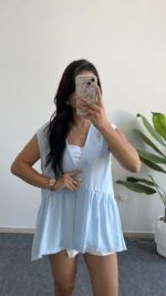 Carlo Yıldız Düğmeli Tensel Bluz -  Bebe Mavi - Görsel 4