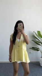 Carlo Yıldız Düğmeli Tensel Bluz - Sarı - Görsel 4