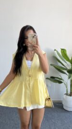 Carlo Yıldız Düğmeli Tensel Bluz - Sarı