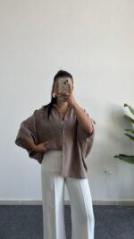 Carlos Kısa Kol Tensel Gömlek - Kahve - Görsel 4