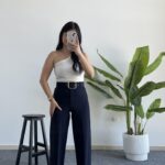 Caroline Kemerli Crep Pantolon - Lacivert