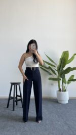 Caroline Kemerli Crep Pantolon - Lacivert