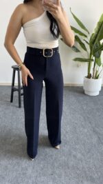 Caroline Kemerli Crep Pantolon - Lacivert - Görsel 4