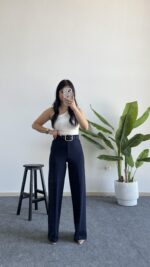 Caroline Kemerli Crep Pantolon - Lacivert - Görsel 2