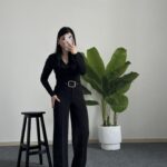 Caroline Kemerli Crep Pantolon  - Siyah