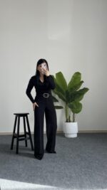 Caroline Kemerli Crep Pantolon  - Siyah