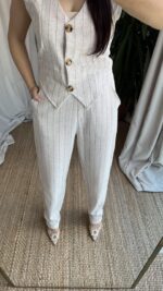 Çizgili Naturel Keten Takım - Görsel 4