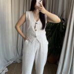 Çizgili Naturel Keten Takım