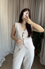 Çizgili Naturel Keten Takım - Görsel 2