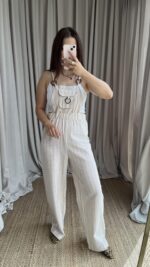 Çizgili Naturel Keten Tulum - Görsel 4