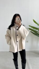 Çoban Dikişli Kaşe Panço - Ekru - Görsel 3