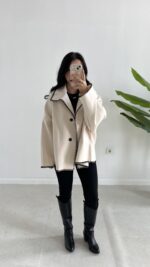 Çoban Dikişli Kaşe Panço - Ekru - Görsel 2