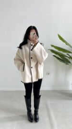 Çoban Dikişli Kaşe Panço - Ekru - Görsel 5