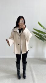 Çoban Dikişli Kaşe Panço - Ekru - Görsel 4