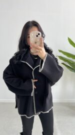 Çoban Dikişli Kaşe Panço - Siyah