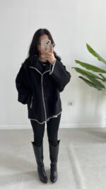 Çoban Dikişli Kaşe Panço - Siyah - Görsel 5