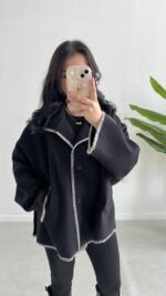 Çoban Dikişli Kaşe Panço - Siyah - Görsel 4