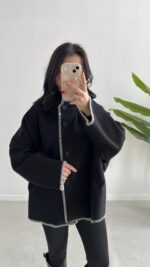 Çoban Dikişli Kaşe Panço - Siyah - Görsel 6