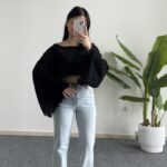 Duru İspanyol Kol Pamuk Crop - Siyah