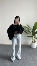 Duru İspanyol Kol Pamuk Crop - Siyah