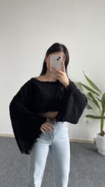 Duru İspanyol Kol Pamuk Crop - Siyah - Görsel 3