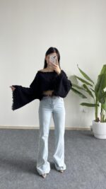 Duru İspanyol Kol Pamuk Crop - Siyah - Görsel 2