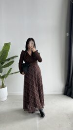 Ekose Kemerli Maxi Şifon Elbise - Kahve