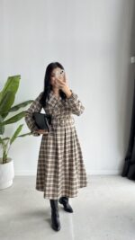 Ekose Kemerli Midi Elbise - Görsel 5