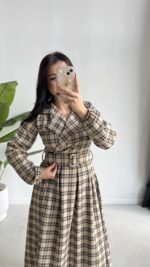 Ekose Kemerli Midi Elbise - Görsel 2