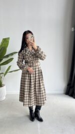 Ekose Kemerli Midi Elbise - Görsel 6