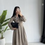 Ekose Kemerli Midi Elbise