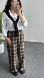 Mary Ekose Palazzo Pantolon - Kahve - Görsel 7