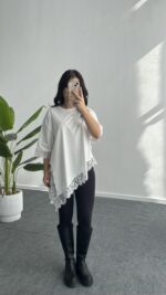 Elly Dantelli Kombine Tişört - Beyaz