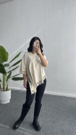 Elly Dantelli Kombine Tişört - Ekru - Görsel 3